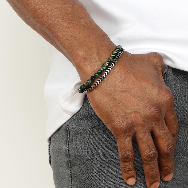 Men's Green Tiger's Eye Quartz Bead & Chain Layered Bracelet Stainless Steel 8.5"