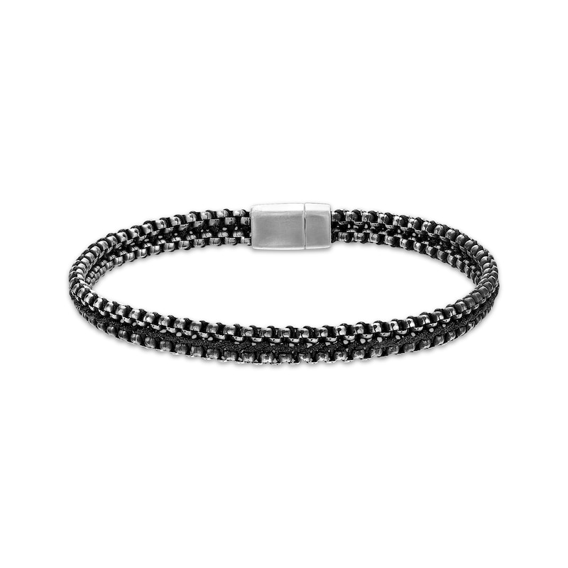 Main Image 1 of Men's Black Cord Wheat Chain Bracelet Stainless Steel 8.5&quot;