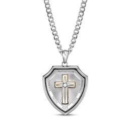 Men's White Lab-Created Sapphire Cross Shield Necklace Stainless Steel & Yellow Ion Plating 24&quot;