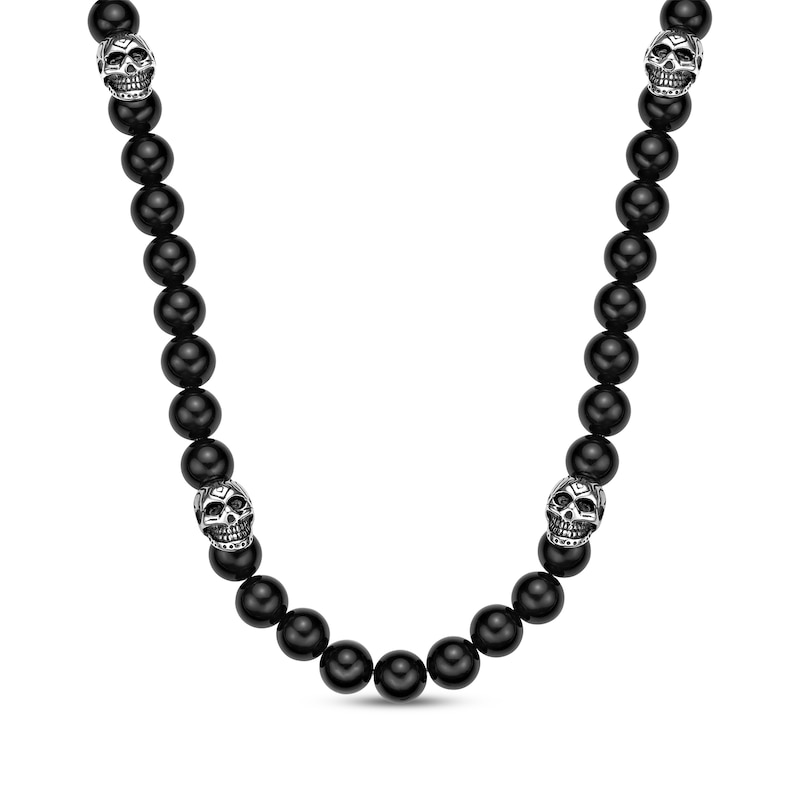 Main Image 1 of Men's Black Agate & Skull Bead Necklace Stainless Steel 24&quot;