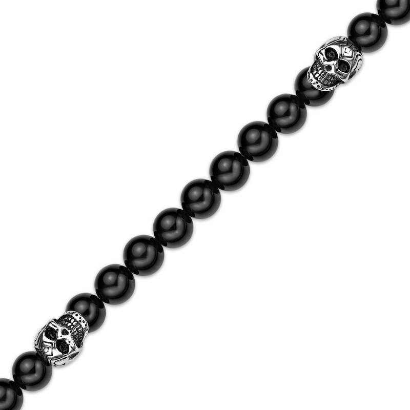 Main Image 2 of Men's Black Agate & Skull Bead Necklace Stainless Steel 24&quot;