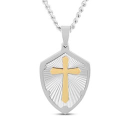 Men's Cross Shield Necklace Stainless Steel & Yellow Ion Plating 24&quot;