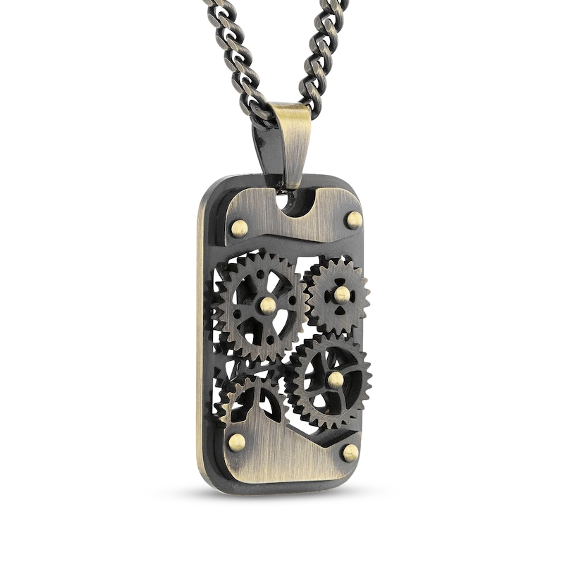 Main Image 2 of Men's Gunmetal Gears Necklace Yellow & Black Ion-Plated Stainless Steel 24&quot;