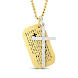 Men's Cross & Lord's Prayer Dog Tag Necklace Stainless Steel & Yellow Ion Plating 24&quot;