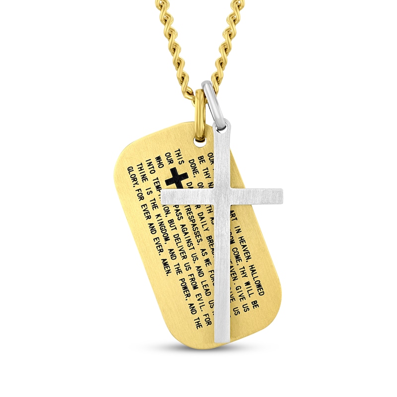 Main Image 1 of Men's Cross & Lord's Prayer Dog Tag Necklace Stainless Steel & Yellow Ion Plating 24&quot;