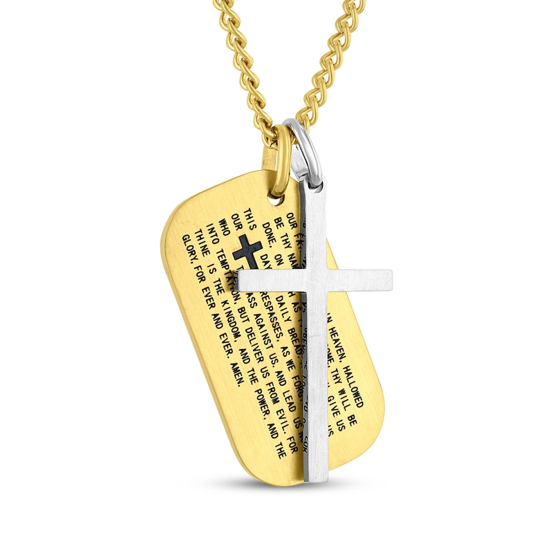 Main Image 2 of Men's Cross & Lord's Prayer Dog Tag Necklace Stainless Steel & Yellow Ion Plating 24&quot;