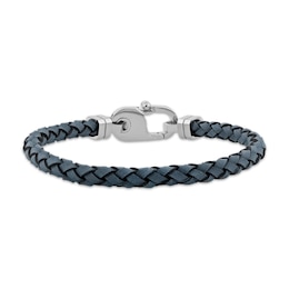 Men's Gray Leather Bracelet Stainless Steel 8.5&quot;