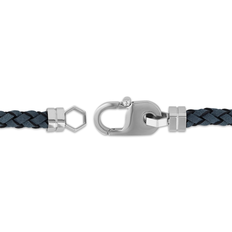 Men's Gray Leather Bracelet Stainless Steel 8.5"