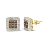 Thumbnail Image 1 of Men's Square-Cut Brown & Round-Cut White Diamond Halo Stud Earrings 1 ct tw 10K Yellow Gold