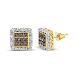 Men's Square-Cut Brown & Round-Cut White Diamond Halo Stud Earrings 1 ct tw 10K Yellow Gold