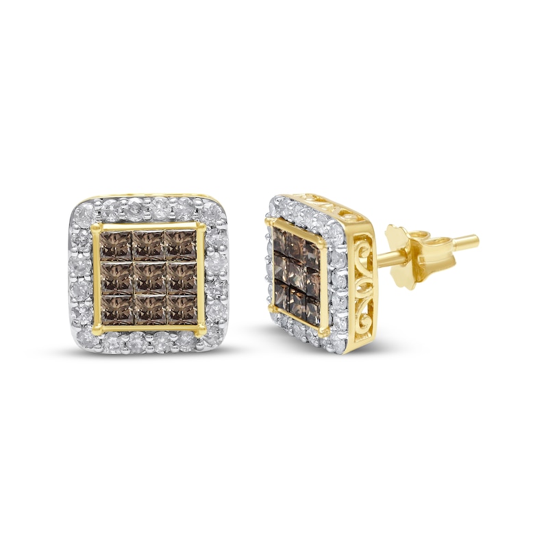 Main Image 1 of Men's Square-Cut Brown & Round-Cut White Diamond Halo Stud Earrings 1 ct tw 10K Yellow Gold