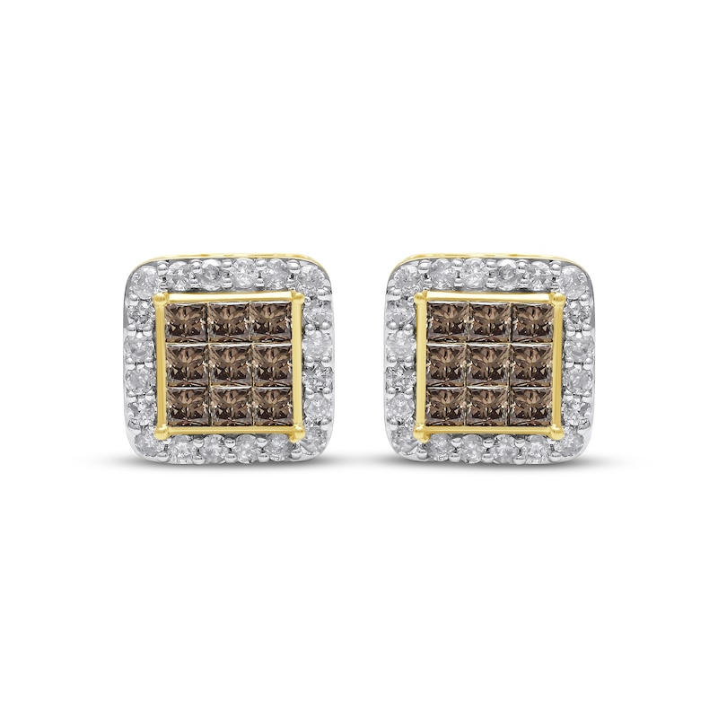 Main Image 2 of Men's Square-Cut Brown & Round-Cut White Diamond Halo Stud Earrings 1 ct tw 10K Yellow Gold