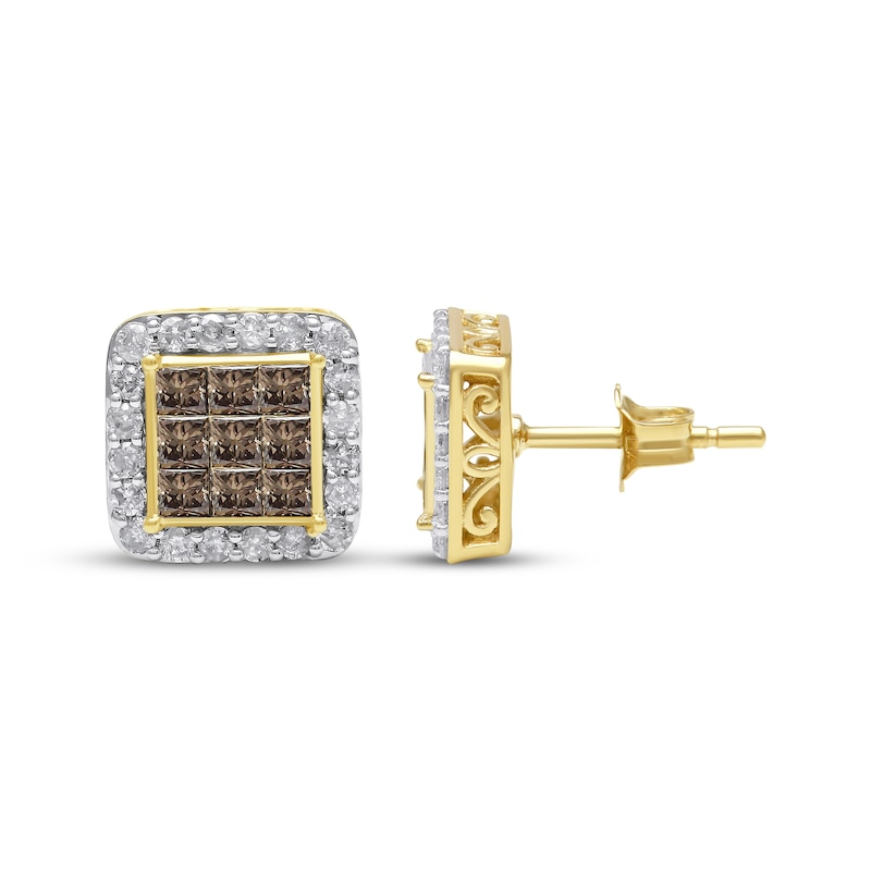 Main Image 3 of Men's Square-Cut Brown & Round-Cut White Diamond Halo Stud Earrings 1 ct tw 10K Yellow Gold