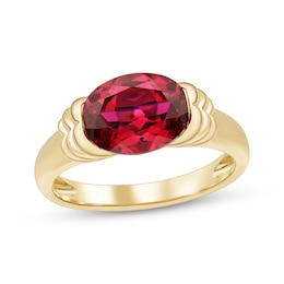 Oval-Cut Lab-Created Ruby Solitaire Signet Ring 10K Yellow Gold