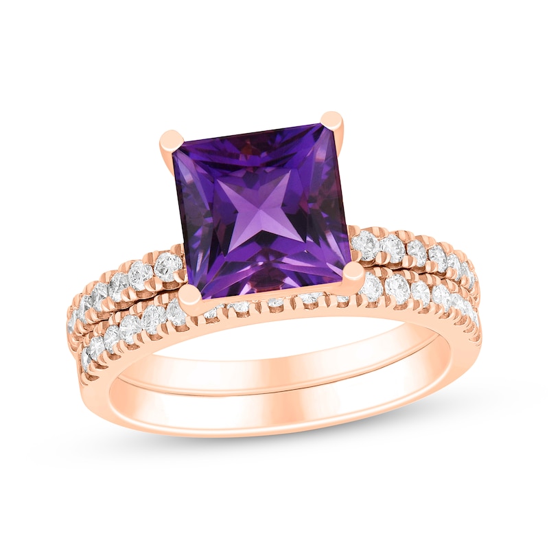 Main Image 1 of Square-Cut Amethyst & Diamond Bridal Set 1/2 ct tw 14K Rose Gold