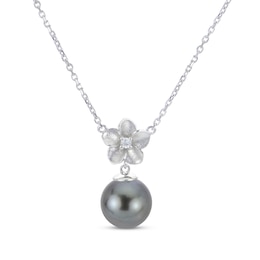 Tahitian Cultured Pearl & Diamond Accent Flower Necklace 10K White Gold 18&quot;