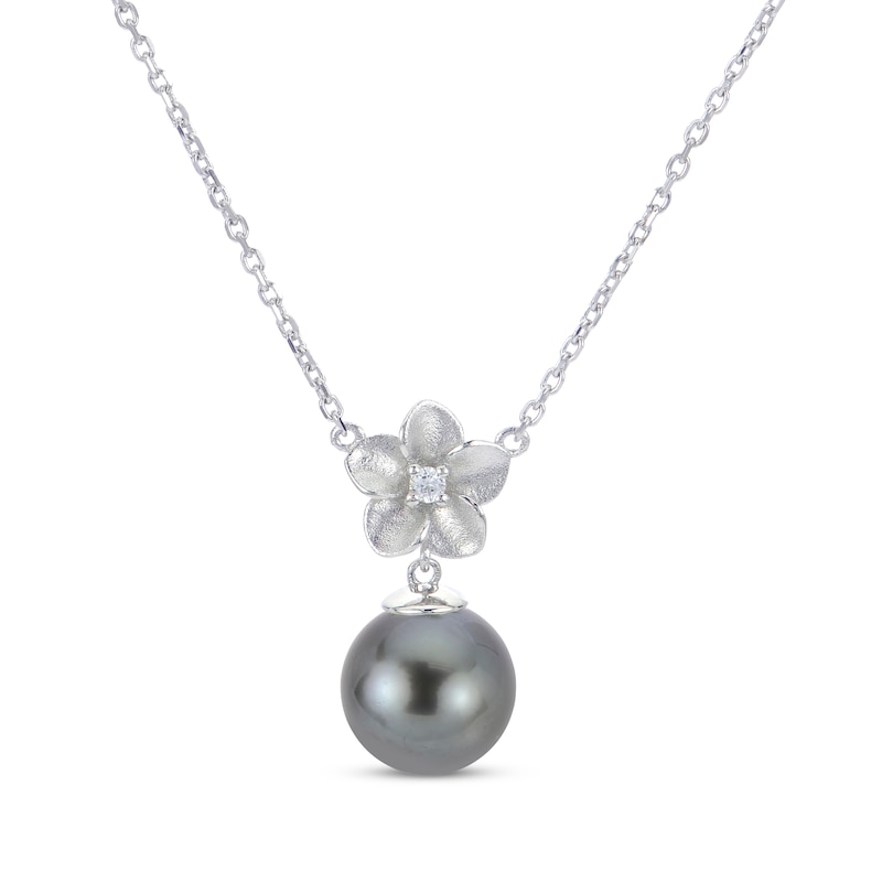 Main Image 1 of Tahitian Cultured Pearl & Diamond Accent Flower Necklace 10K White Gold 18&quot;