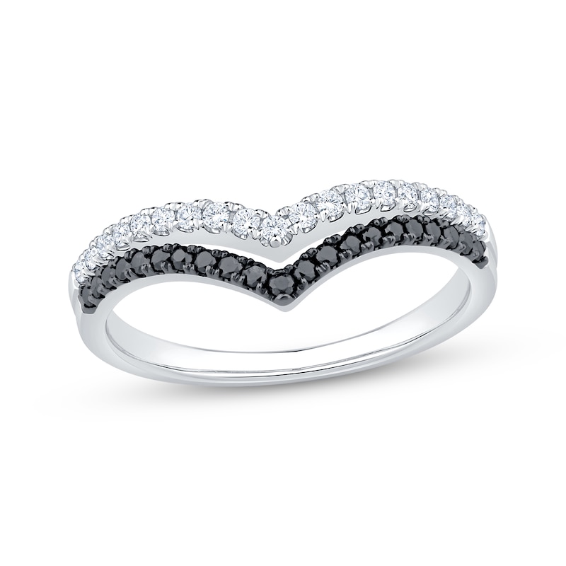 Main Image 1 of Black & White Diamond Two-Row Chevron Anniversary Ring 1/3 ct tw 14K White Gold