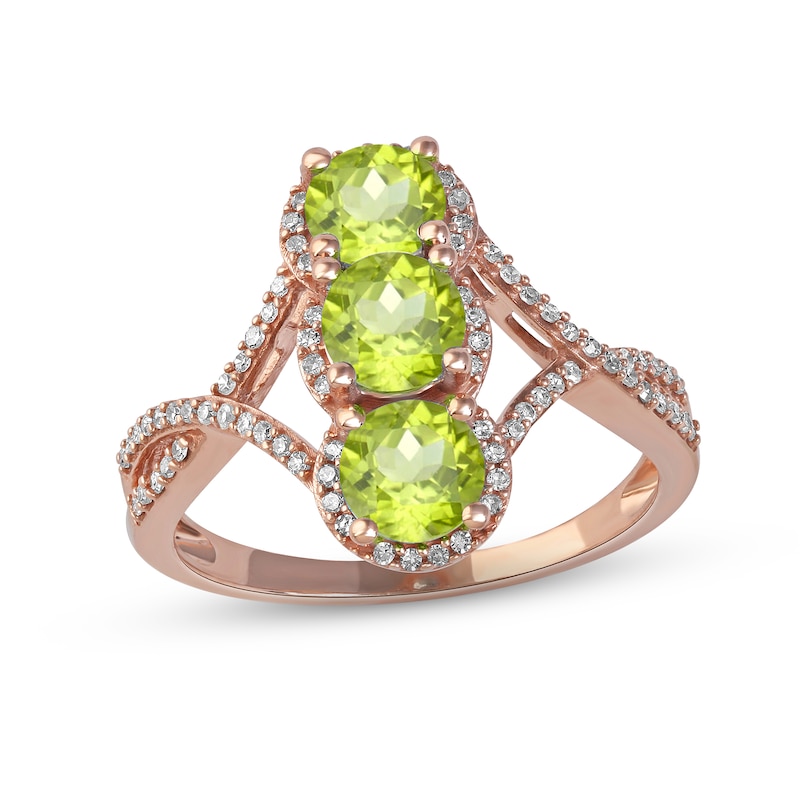 Main Image 1 of Peridot & Diamond 3-Stone Ring 1/5 ct tw 10K Rose Gold