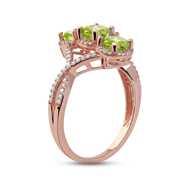 Main Image 2 of Peridot & Diamond 3-Stone Ring 1/5 ct tw 10K Rose Gold