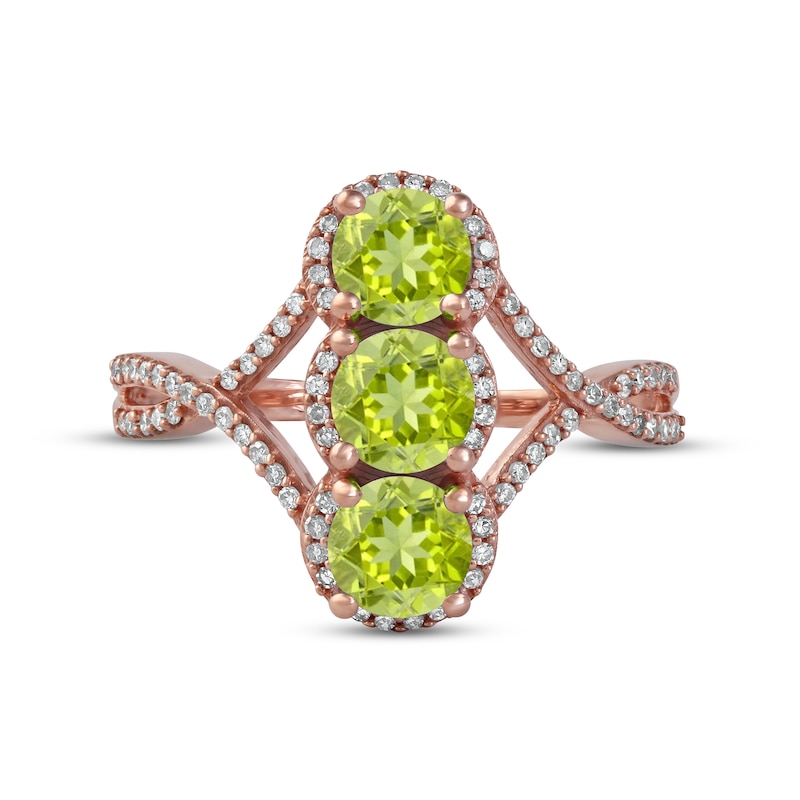 Main Image 3 of Peridot & Diamond 3-Stone Ring 1/5 ct tw 10K Rose Gold