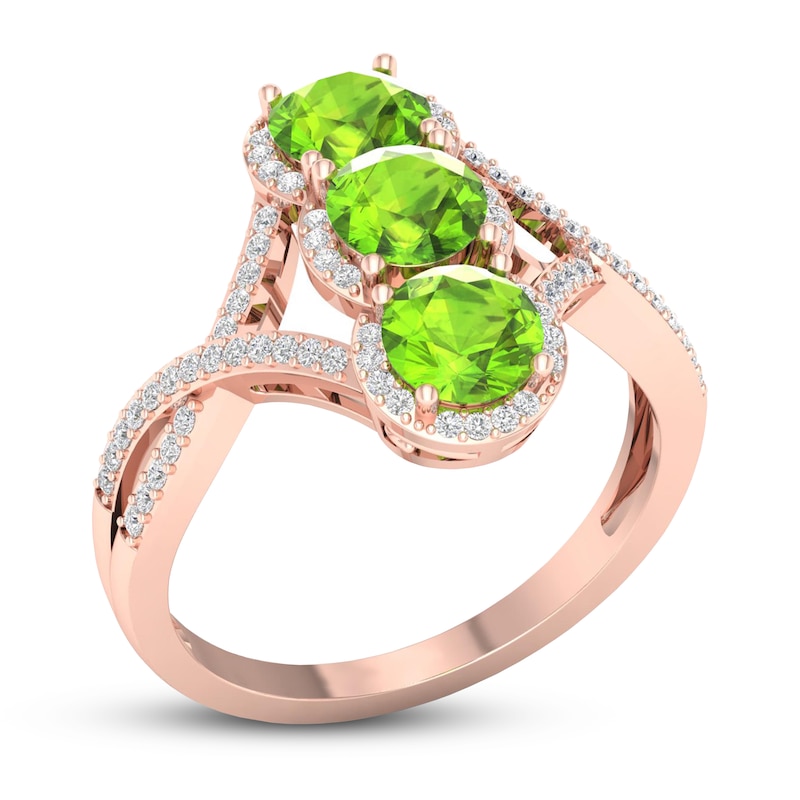 Main Image 4 of Peridot & Diamond 3-Stone Ring 1/5 ct tw 10K Rose Gold