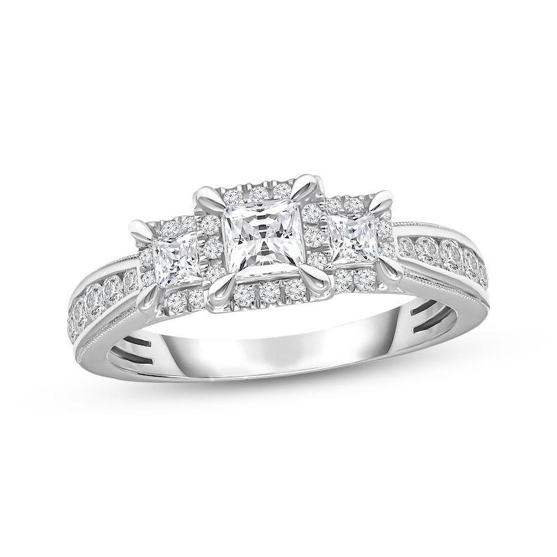 Main Image 1 of Memories Moments Magic Princess-Cut Diamond Three-Stone Engagement Ring 1 ct tw 14K White Gold