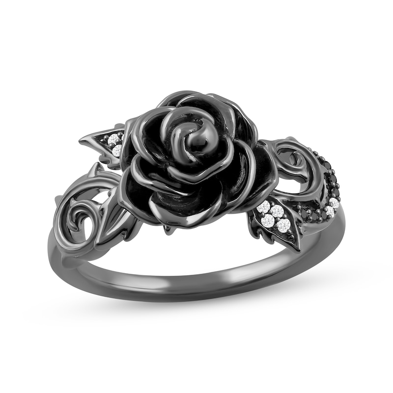 Main Image 1 of Ink & Ice Black & White Diamond Rose Ring 1/20 ct tw Black Rhodium-Plated Sterling Silver