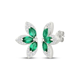 Marquise-Cut Lab-Created Emerald & White Lab-Created Sapphire Half-Flower Stud Earrings Sterling Silver