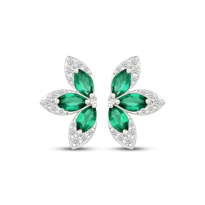 Main Image 2 of Marquise-Cut Lab-Created Emerald & White Lab-Created Sapphire Half-Flower Stud Earrings Sterling Silver