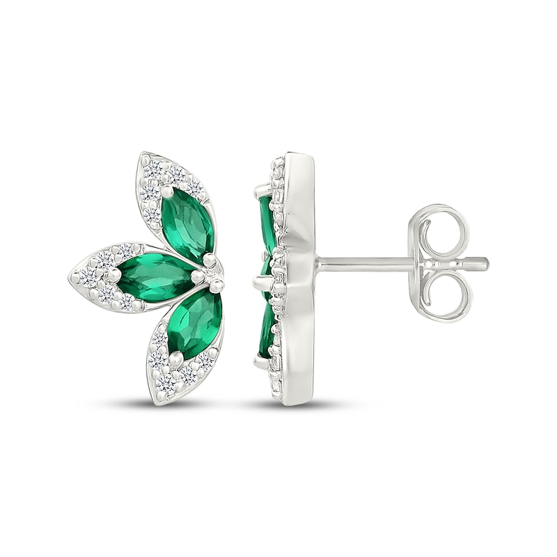 Main Image 3 of Marquise-Cut Lab-Created Emerald & White Lab-Created Sapphire Half-Flower Stud Earrings Sterling Silver