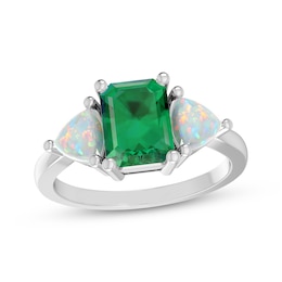 Emerald-Cut Lab-Created Emerald & Trillion-Cut Lab-Created Opal Ring Sterling Silver