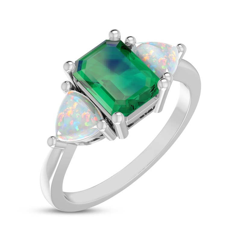 Main Image 2 of Emerald-Cut Lab-Created Emerald & Trillion-Cut Lab-Created Opal Ring Sterling Silver