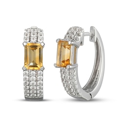 Emerald-Cut Citrine & White Lab-Created Sapphire Huggie Hoop Earrings Sterling Silver