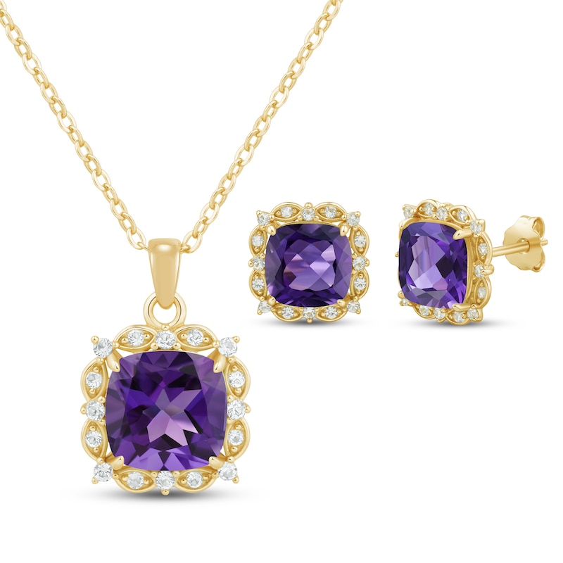 Main Image 1 of Cushion-Cut Amethyst & Diamond Gift Set 1/3 ct tw 10K Yellow Gold 18&quot;