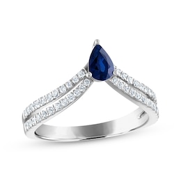 Blue Sapphire & Diamond Chevron Anniversary Band 1/4 ct tw Pear & Round-cut 10K White Gold