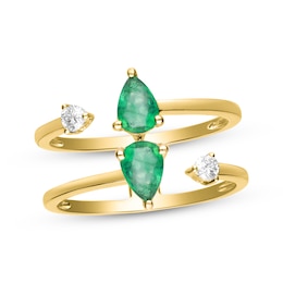 Pear-Shaped Emerald & Diamond Deconstructed Two-Row Ring 1/8 ct tw 10K Yellow Gold Size 7