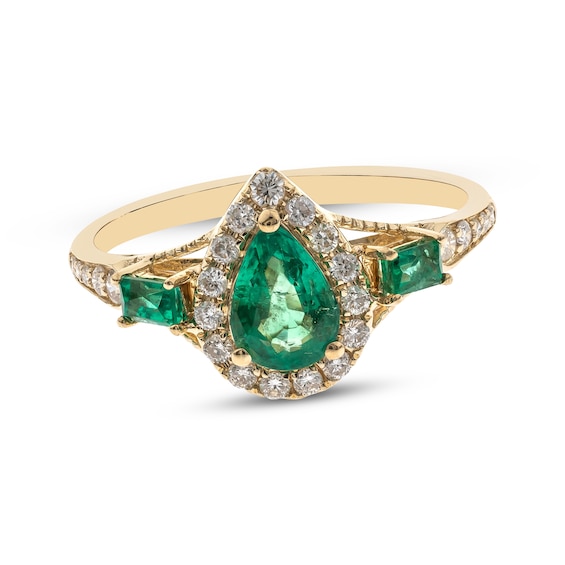 Pear-Shaped & Baguette-Cut Emerald & Diamond Ring 1/5 ct tw 10K Yellow Gold