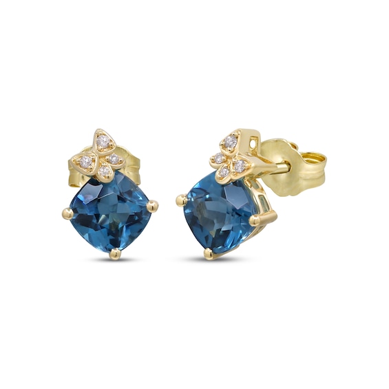 Cushion-Cut London Blue Topaz & Diamond Accent Butterfly Stud Earrings 10K Yellow Gold