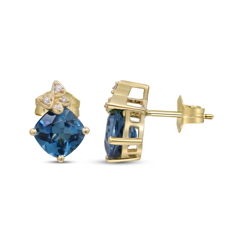 Main Image 3 of Cushion-Cut London Blue Topaz & Diamond Accent Butterfly Stud Earrings 10K Yellow Gold