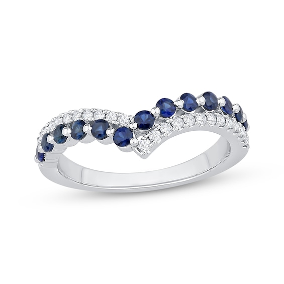 Diamond & Blue Sapphire Crossover Chevron Anniversary Ring 1/6 ct tw 14K White Gold