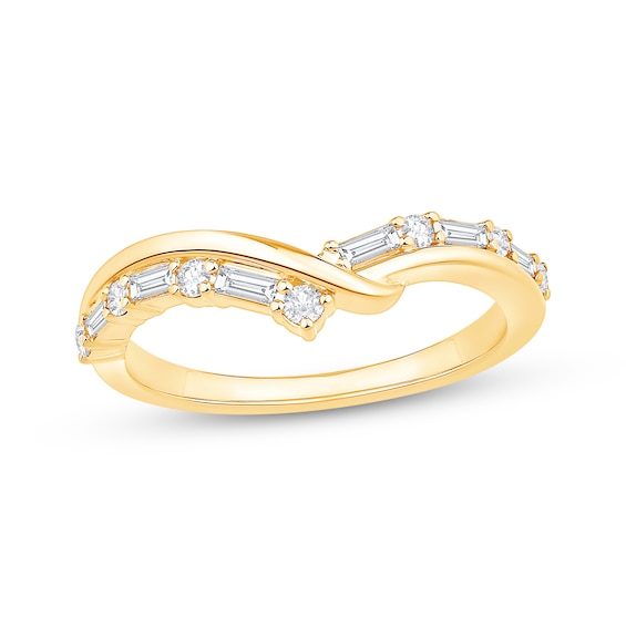 Baguette & Round-Cut Diamond Crossover Chevron Anniversary Ring 1/3 ct tw 14K Yellow Gold