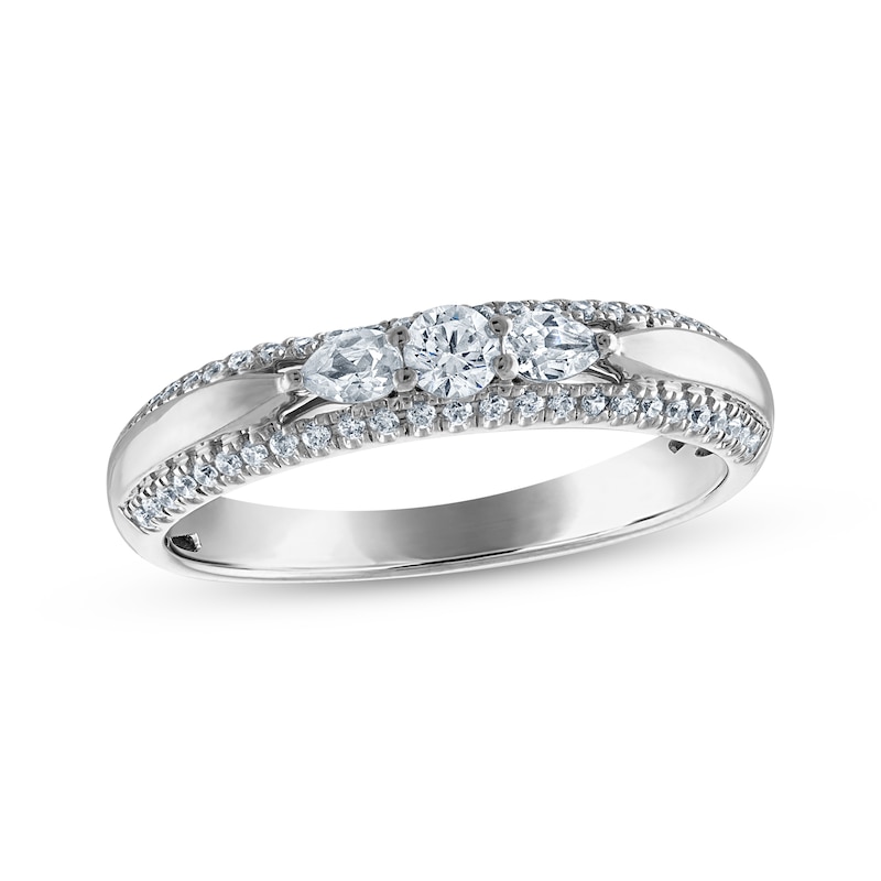 Main Image 1 of Pear-Shaped & Round-Cut Diamond Three-Stone Anniversary Ring 3/8 ct tw 10K White Gold