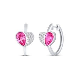 Pear-Shaped Pink Lab-Created Sapphire & White Lab-Created Sapphire Heart Hoop Earrings Sterling Silver