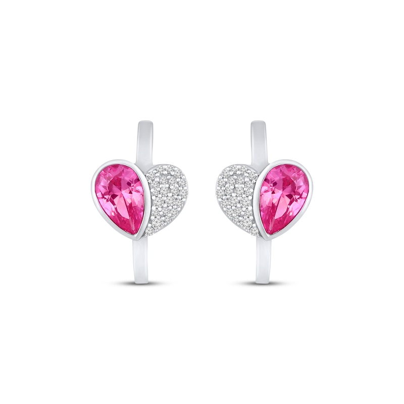 Main Image 2 of Pear-Shaped Pink Lab-Created Sapphire & White Lab-Created Sapphire Heart Hoop Earrings Sterling Silver