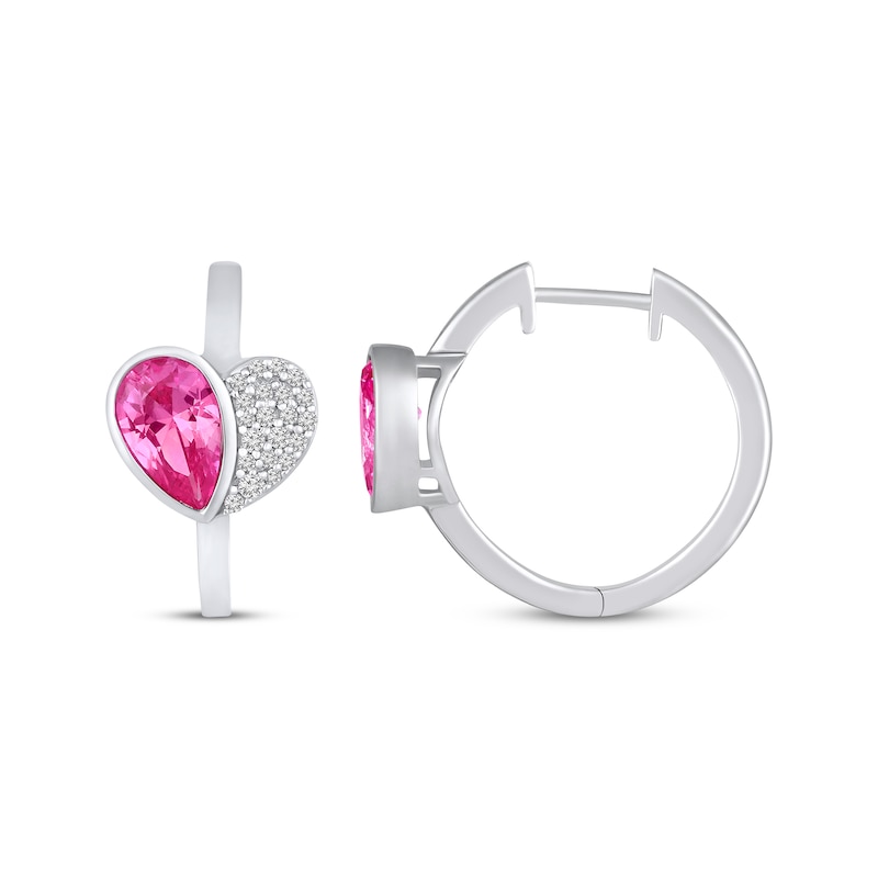 Main Image 3 of Pear-Shaped Pink Lab-Created Sapphire & White Lab-Created Sapphire Heart Hoop Earrings Sterling Silver