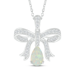 Pear-Shaped Lab-Created Opal & White Lab-Created Sapphire Bow Necklace Sterling Silver 18&quot;