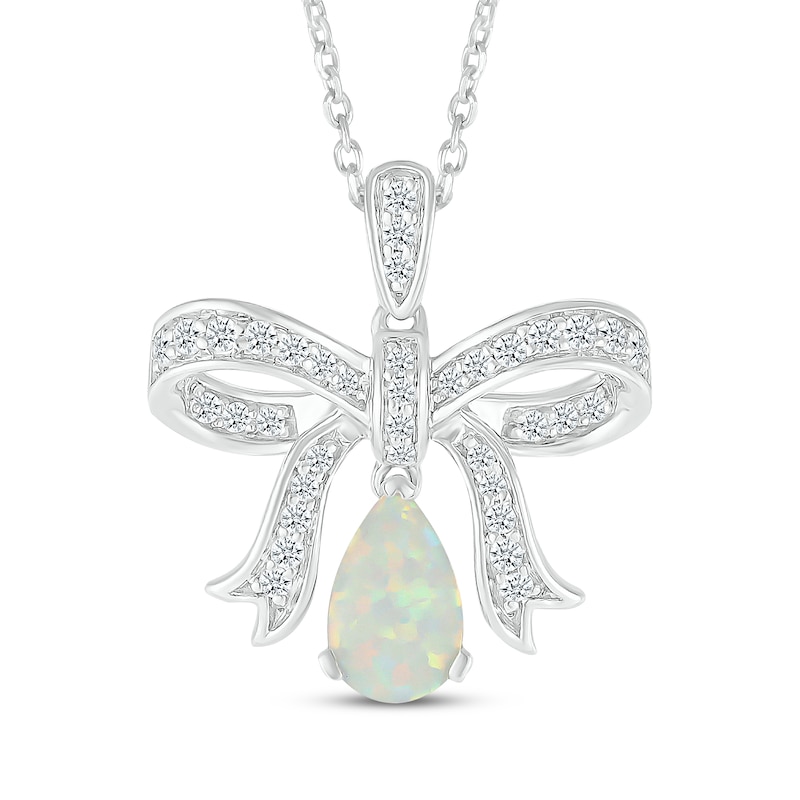 Pear-Shaped Lab-Created Opal & White Lab-Created Sapphire Bow Necklace Sterling Silver 18"