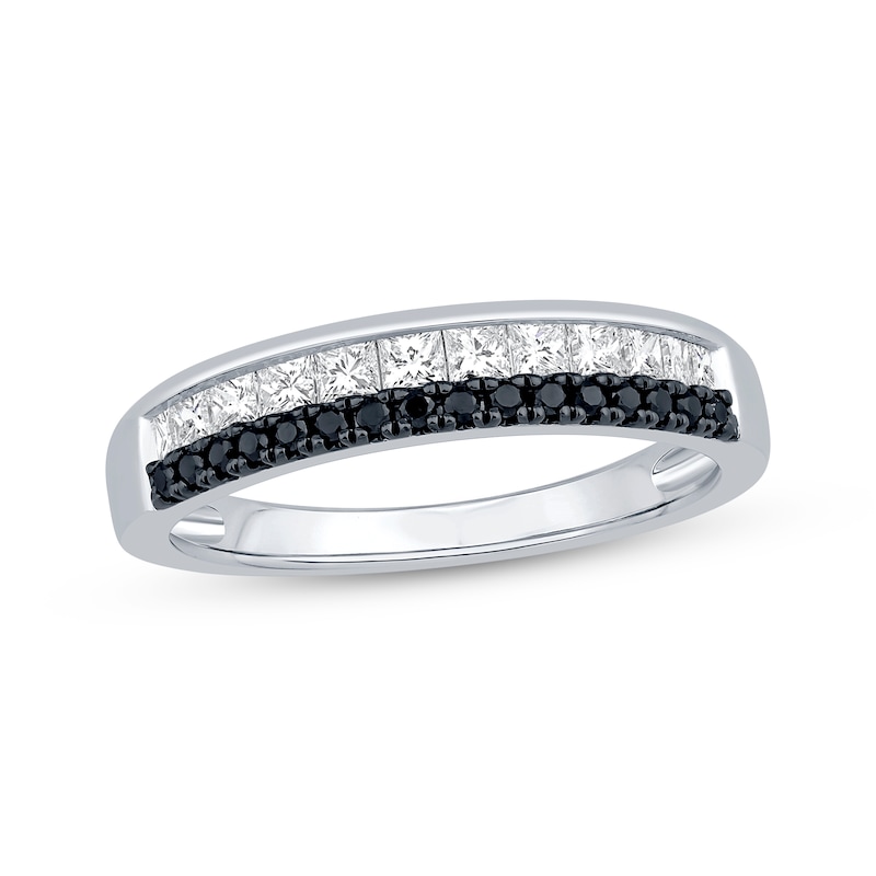 Main Image 1 of Princess-Cut White Diamond & Round-Cut Black Diamond Anniversary Ring 1/2 ct tw 14K White Gold