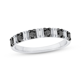 Round-Cut Black & Baguette-Cut White Diamond Anniversary Ring 1/3 ct tw 10K White Gold